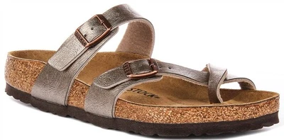 Birkenstock Mayari Birko Flor Cuir Embossé Sandales Femmes En Taupe EU37-41 - Photo 1/4