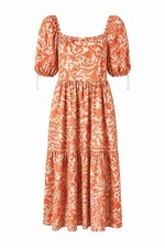 Tea Rose Orange Floral Puff Sleeve Tiered Maxi Dress Cotton Rio Fiesta Farm L