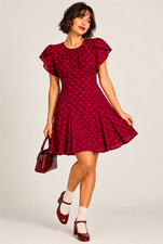 Blu Pepper Dress Small Burgundy Red Polka Dot Flutter Sleeve Fit Flare NWT