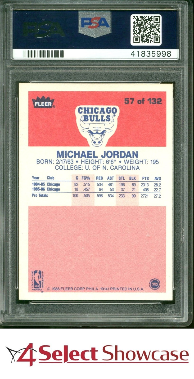 1986 FLEER #57 MICHAEL JORDAN RC ROOKIE BULLS HOF PSA 7 view 2