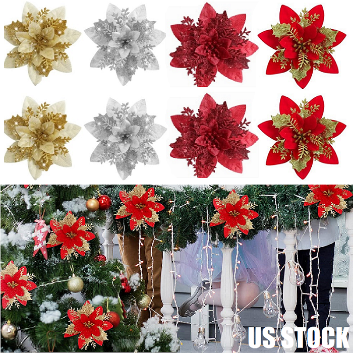 10Pcs Glitter Christmas Poinsettia Hanging Flowers Xmas Party Tree Decoration US