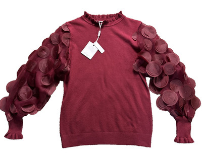 Siani Milano Shirt Womens S Red Rhubarb Blouse Top Sheer Sleeve Evening Wear