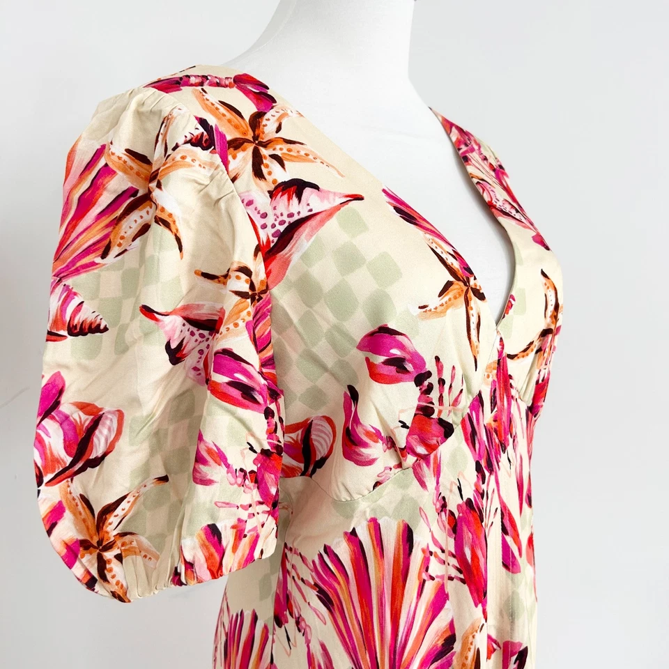 Jag Lobster Maxi Dress Size 10 Pink  Puff Sleeve V-Neck Slim Fit Beach New - image 2 of 4