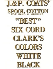 J & P COATS SPOOL CABINET DECALS 8 PIECE SET / GOLD LETTERS with BLACK SHADOW. 