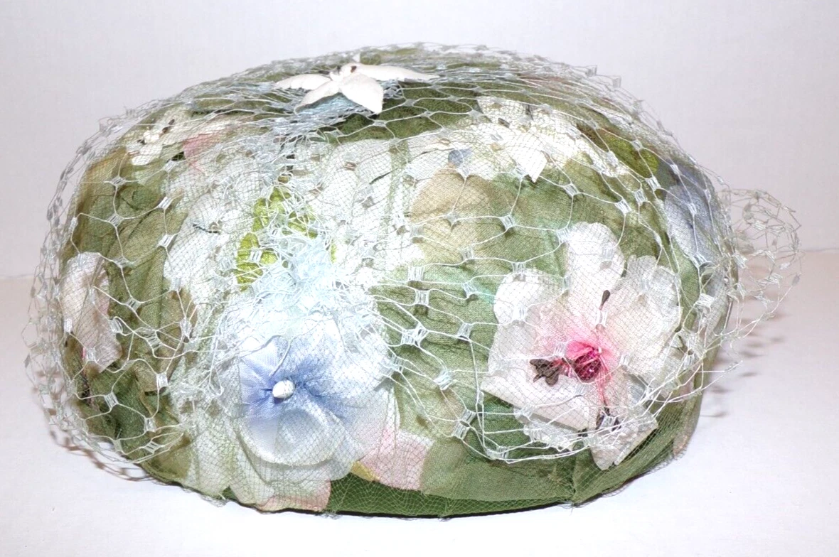 ?HP?VTG 1950s-60s Floral Brocade Hat w/ Netting Stunning Mid-Century Pillbox Pillbox Multi-Color Net Vintage Hats for Women for sale | eBay main image 4