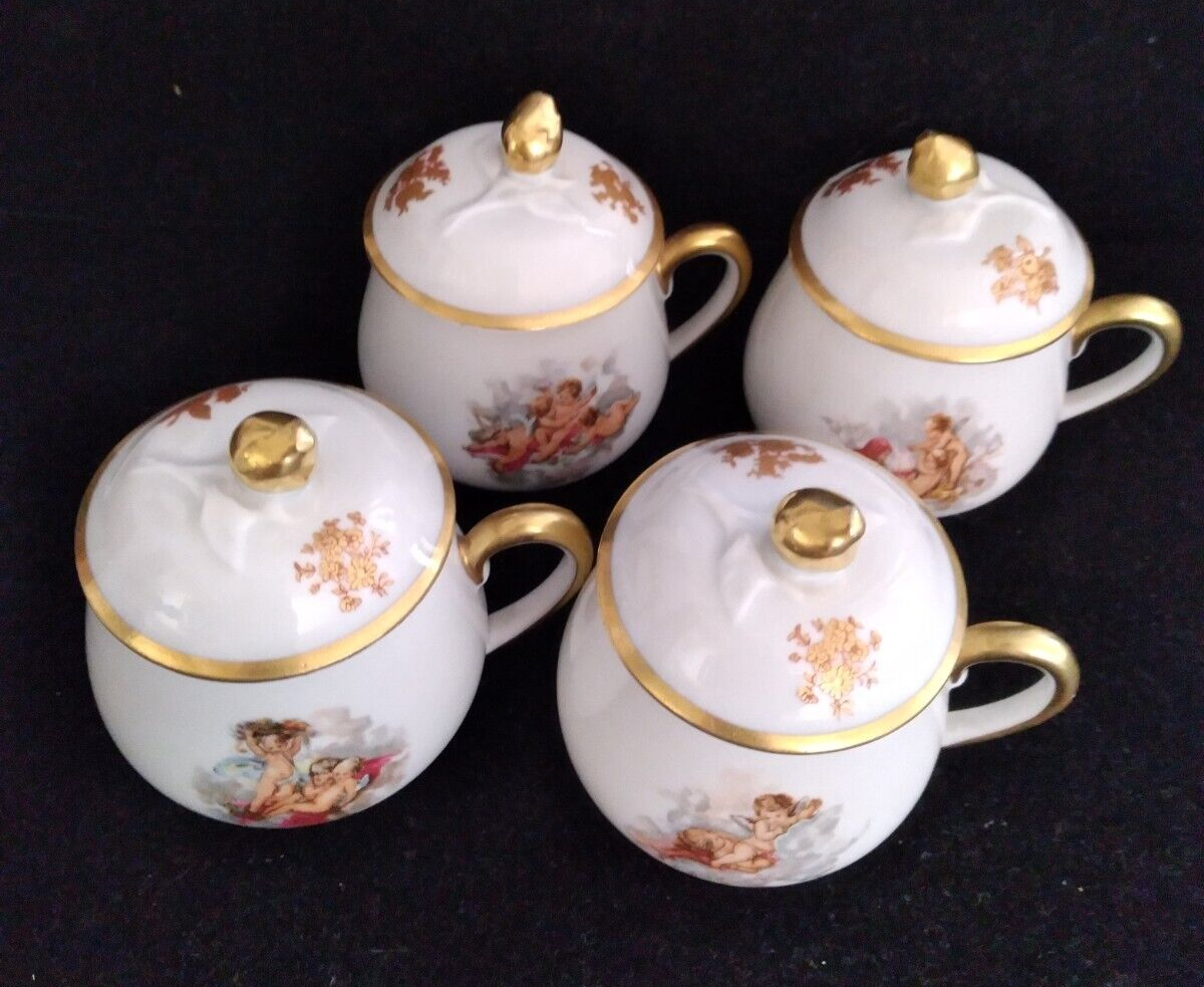 Set of 4 Limoges France Shabby Cherub Putti Cupid Decor Pots De Creme