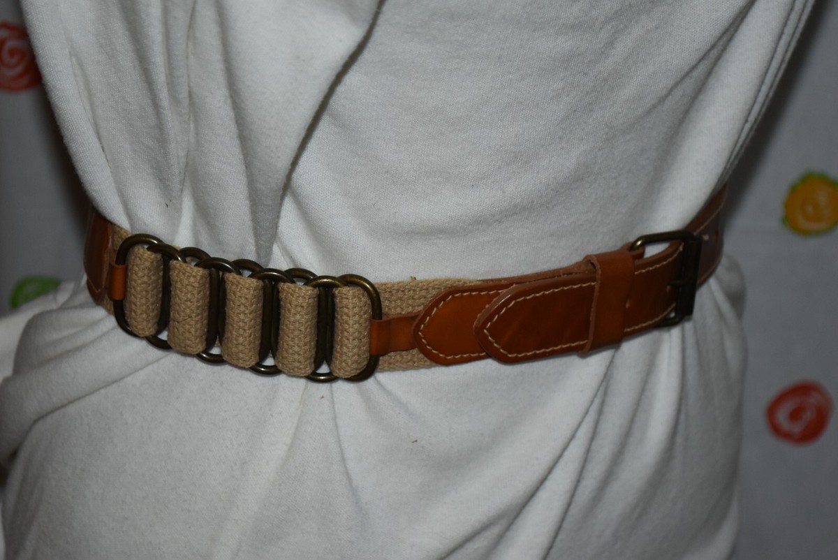 Vintage size 28/31 Tanned Leather Canvas Woven Belt brass  display picture 1