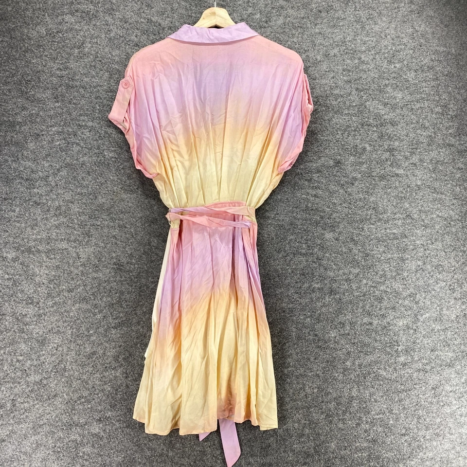 GB Wrap Dress Women M Medium Pink Ombre Short Belted Collared Short Sleeve Lined - Image 2 of 4
