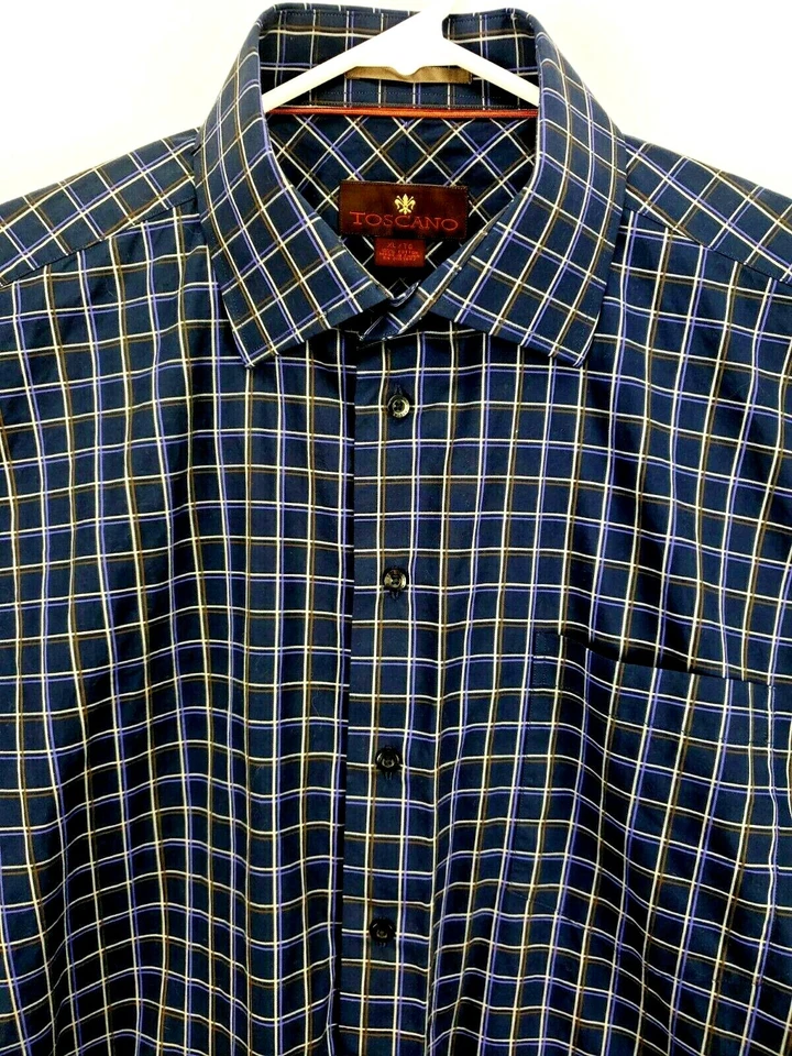 Camisa masculina Toscano tamanho XL manga longa botão azul/cinza/roxo/marrom quadriculada - Imagem 3 de 4