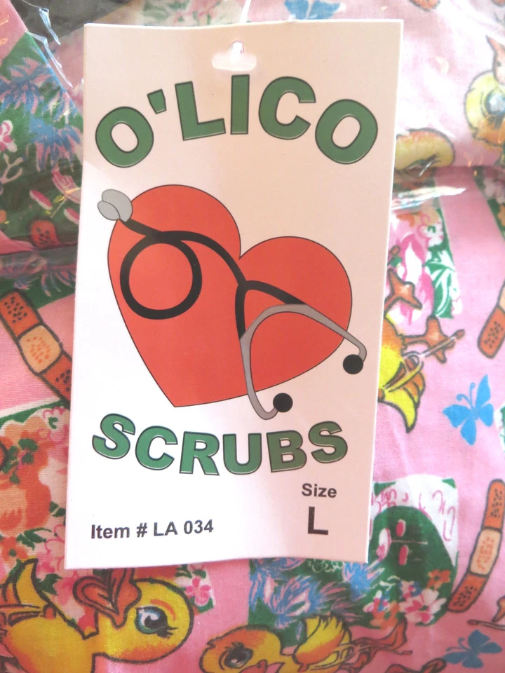 SCRUB TOP Ducks, Band-aids, Flowers, etc. SHIRT Scrubs Pink Size LARGE Uniform - Image 3 of 4