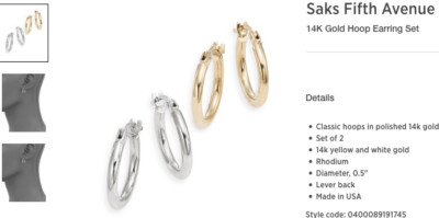 Neu mit Etikett Saks Fifth Avenue 14K Gold 2 PAAR Creolen Set mit Box + 325 $ Preisschild