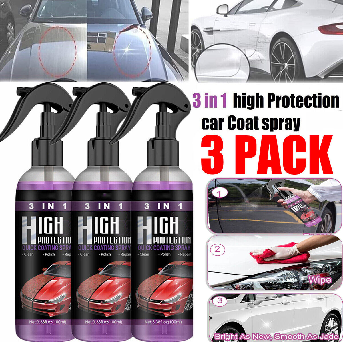 3X 3 in 1 High Protection Quick Car Coat Ceramic Coating Spray Hydrophobic  300ML
