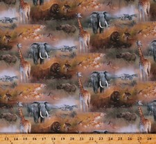 Cotton Safari Animals Elephants Giraffes Lions African Fabric Print BTY D378.50