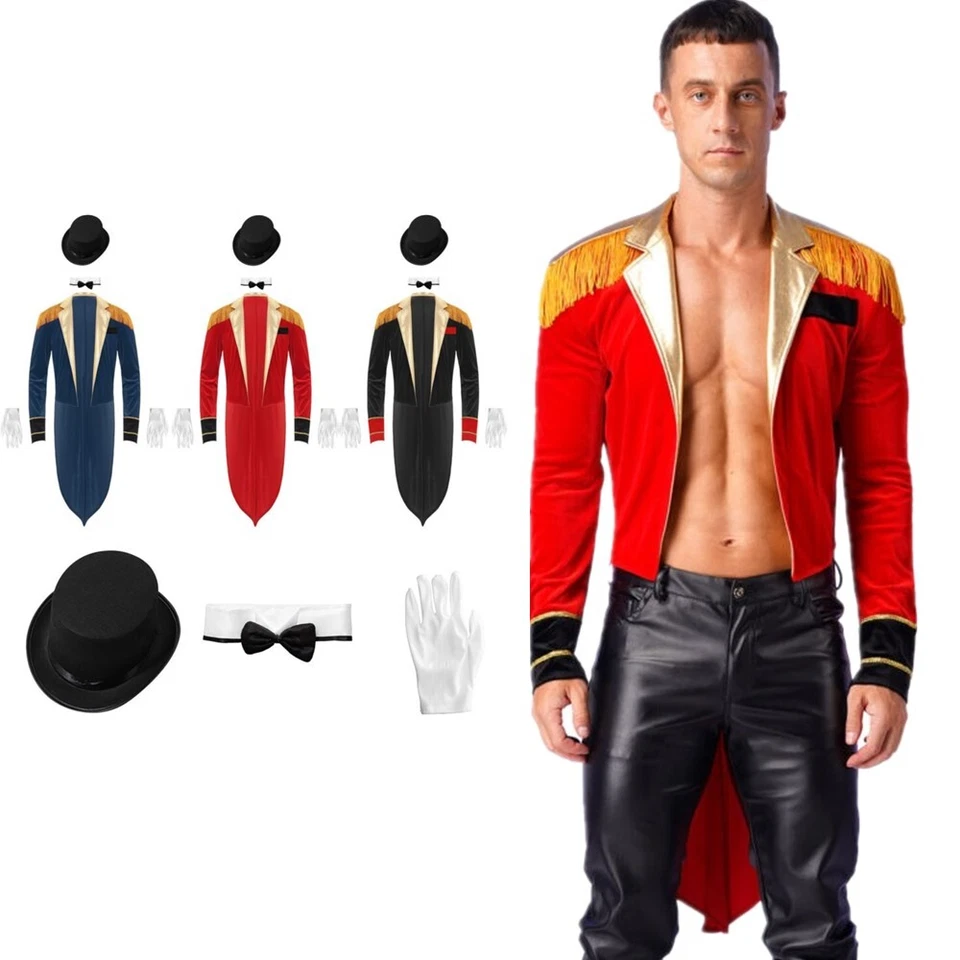 Men Circus Ringmaster Costume Long Sleeve Lapel Tailcoat Jacket with Accessories - Image 2 of 4