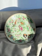 Antique Chinese Porcelain Celadon Plate Famille Rose Bird & Flower Daoguang Qing