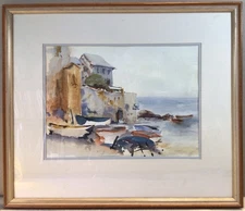 Artist Forbes  Fishing Boats At Harbour Framed Watercolour Painting 1980s