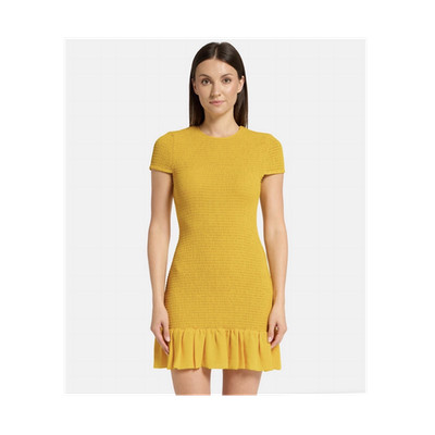 Michael Kors Damen Minikleid kurz Gelb XL Rundhals Kurzarm Rüsche Polyester