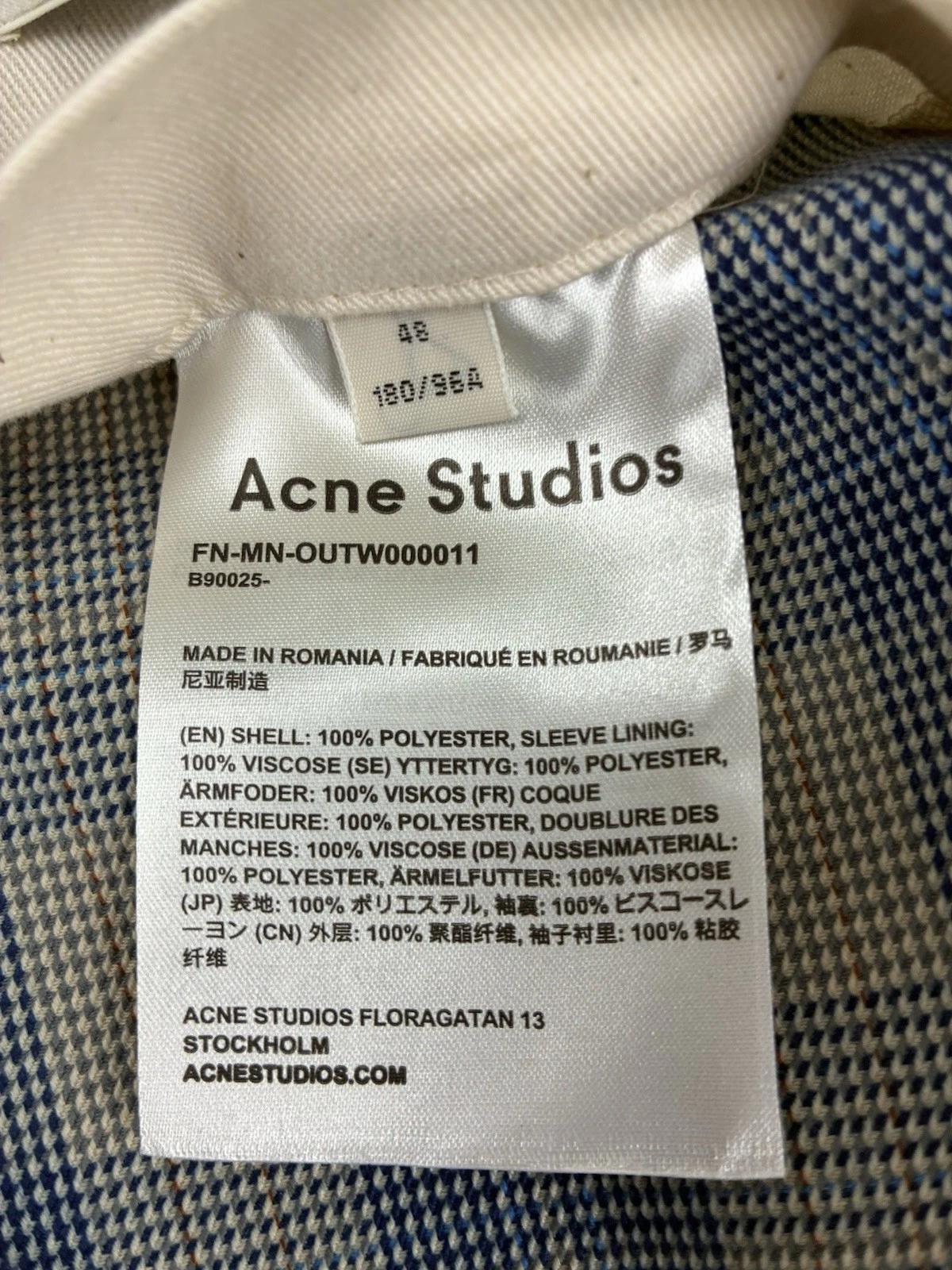 Acne Studios Plaid Jacket Blue & Taupe Two-Way Zipper Size 48 - product detail image 4