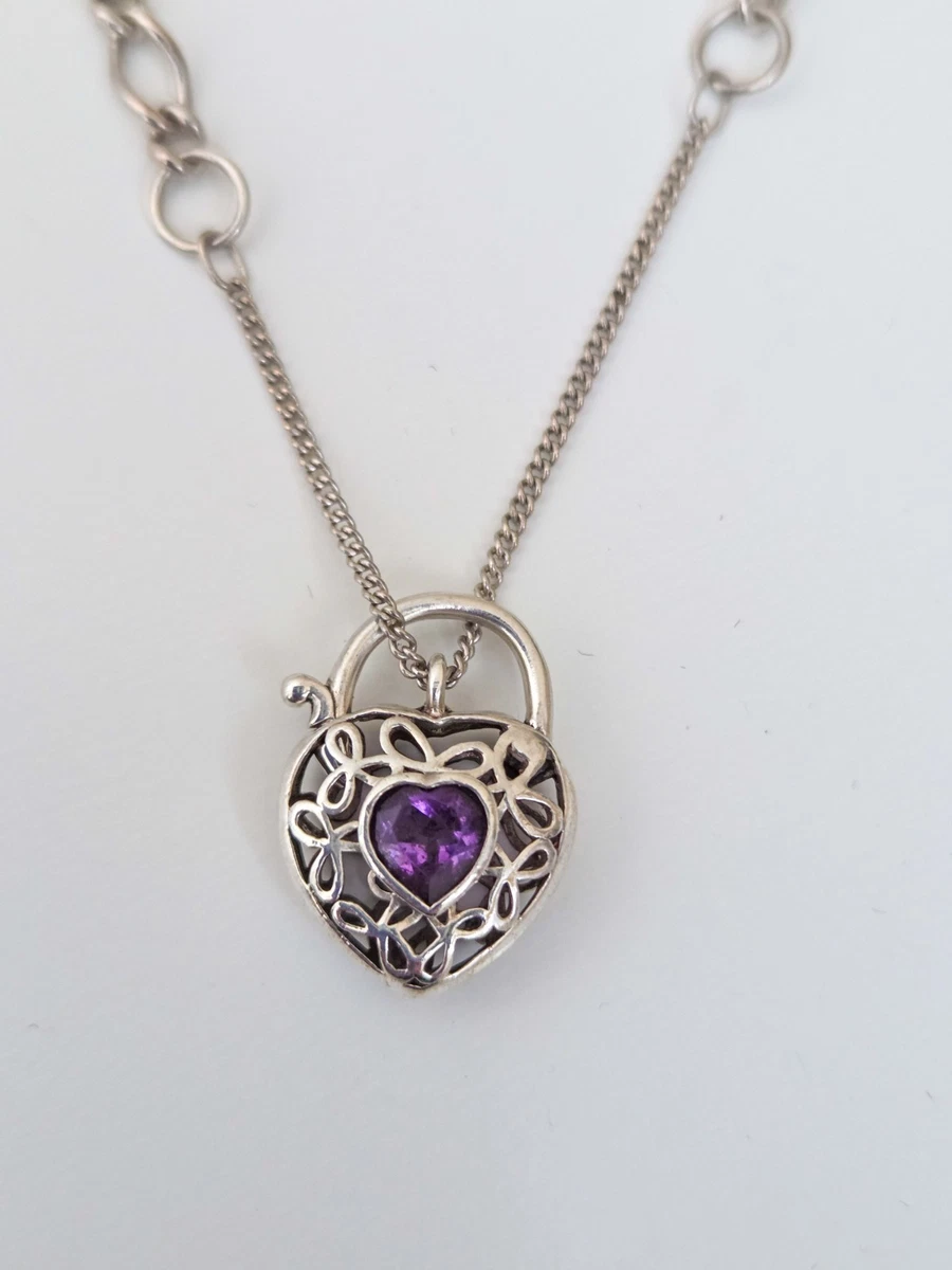 Sterling Silver 925 Heart Padlock Bracelet – Genuine Amethyst