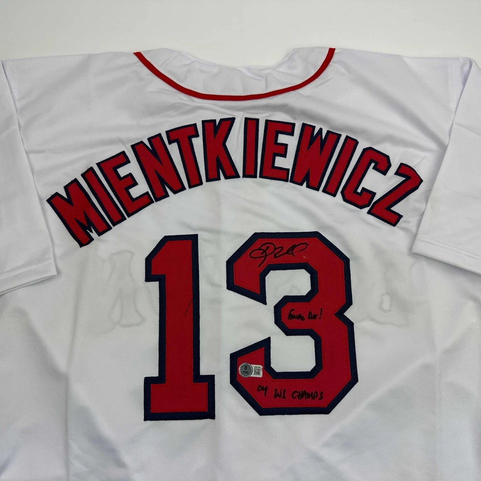 Autographed/Signed Doug Mientkiewicz Final Out! Boston White Jersey Beckett COA - Image 2 of 4