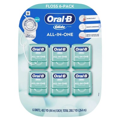 Oral-B Glide All-In-One Mint Dental Floss 44m 6 Pack Smooth Strong Floss