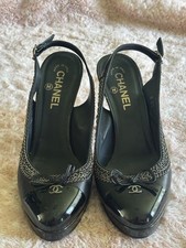 Chanel Black Patent Leather Pump Sling back with Silver Chain and CC logo Size 9