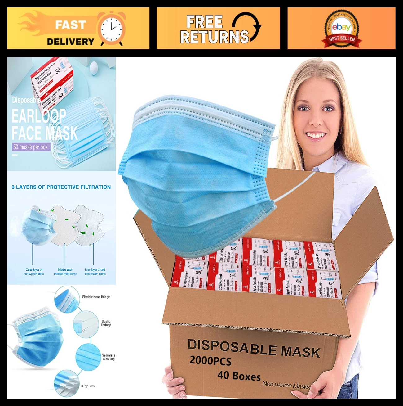 2000 PCS Blue Face Masks - 3-Layer Non-Woven, Breathable, Adjustable Earloop, Bu