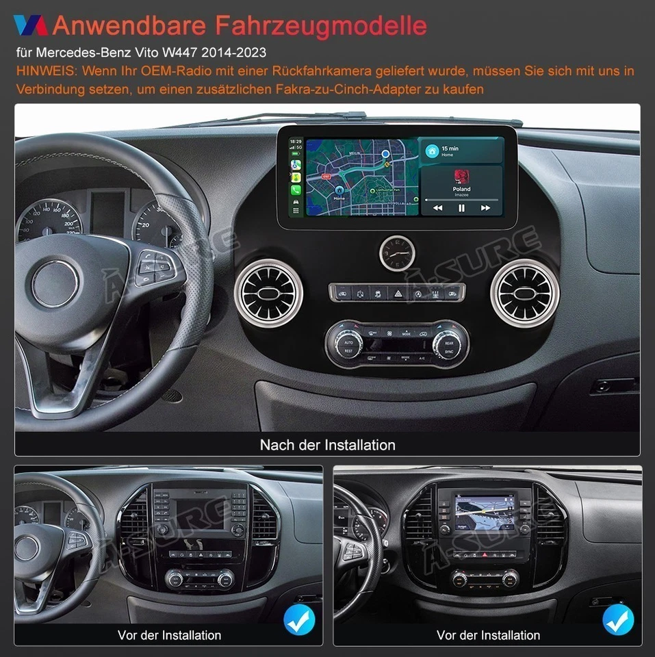 12.3" 4G Android 15 Autoradio Carplay Navi Für Mercedes Benz Vito W447 2014-2023 - Bild 4 von 4