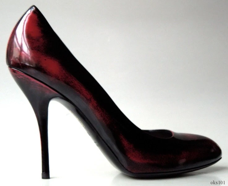 GUCCI Rouge Cerise Bourgogne Talons Cuir Noir 40 10 Magnifique Neuf