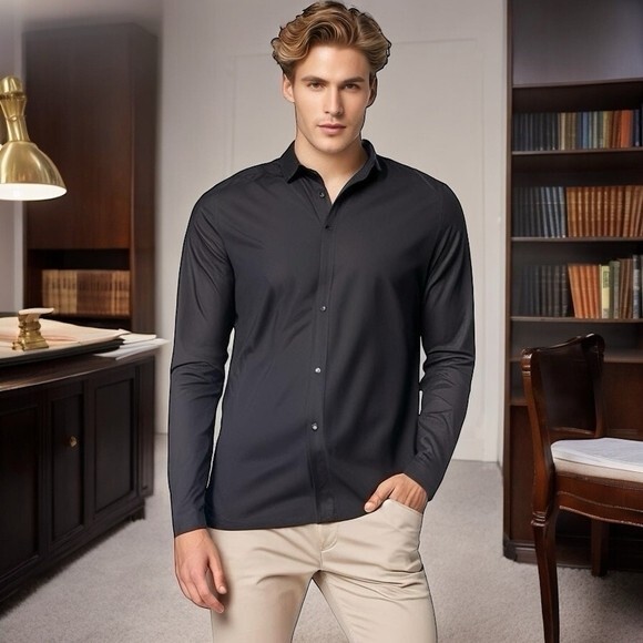 HUGO BOSS Black Cotton Slim Fit Button Front Long Sleeve Men's Dress Shirt  Sz XL
