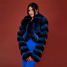 Women New Blue Real Rex Rabbit Fur Short Coat Fashion Chinchilla Lapel Jackets