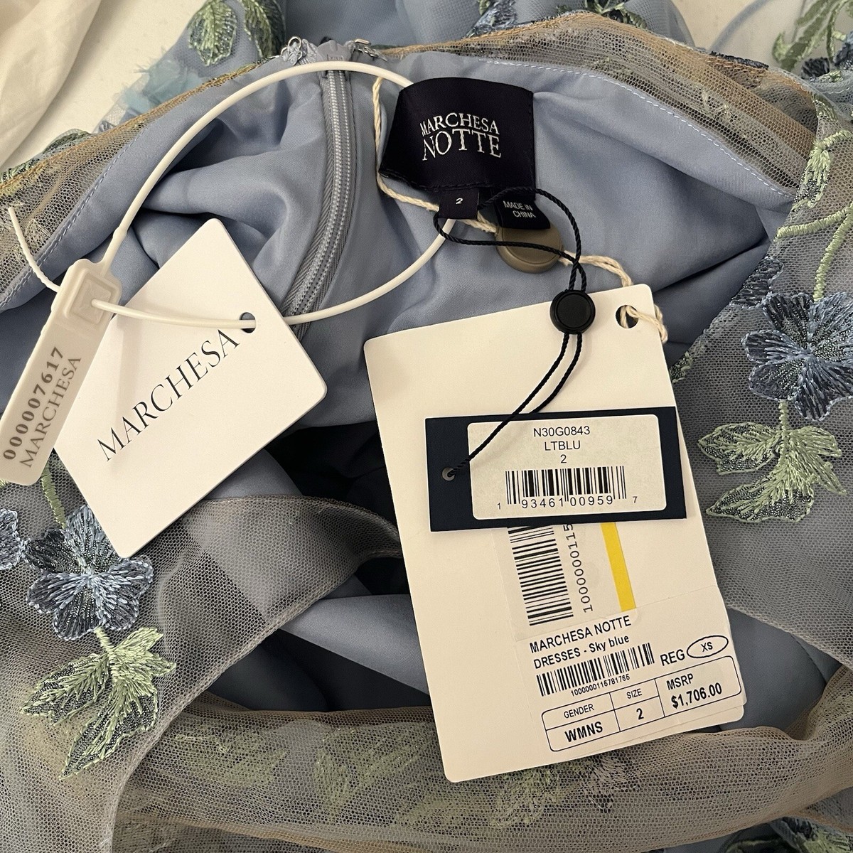 Marchesa Notte Blue Floral Embroidered Tulle Evening Gown Sz 2