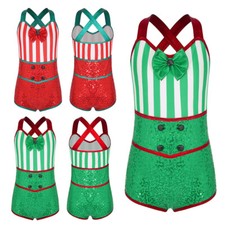 Kids Girls Christmas Costume Comfortable Jumpsuit Striped Dance Unitard Bowknot