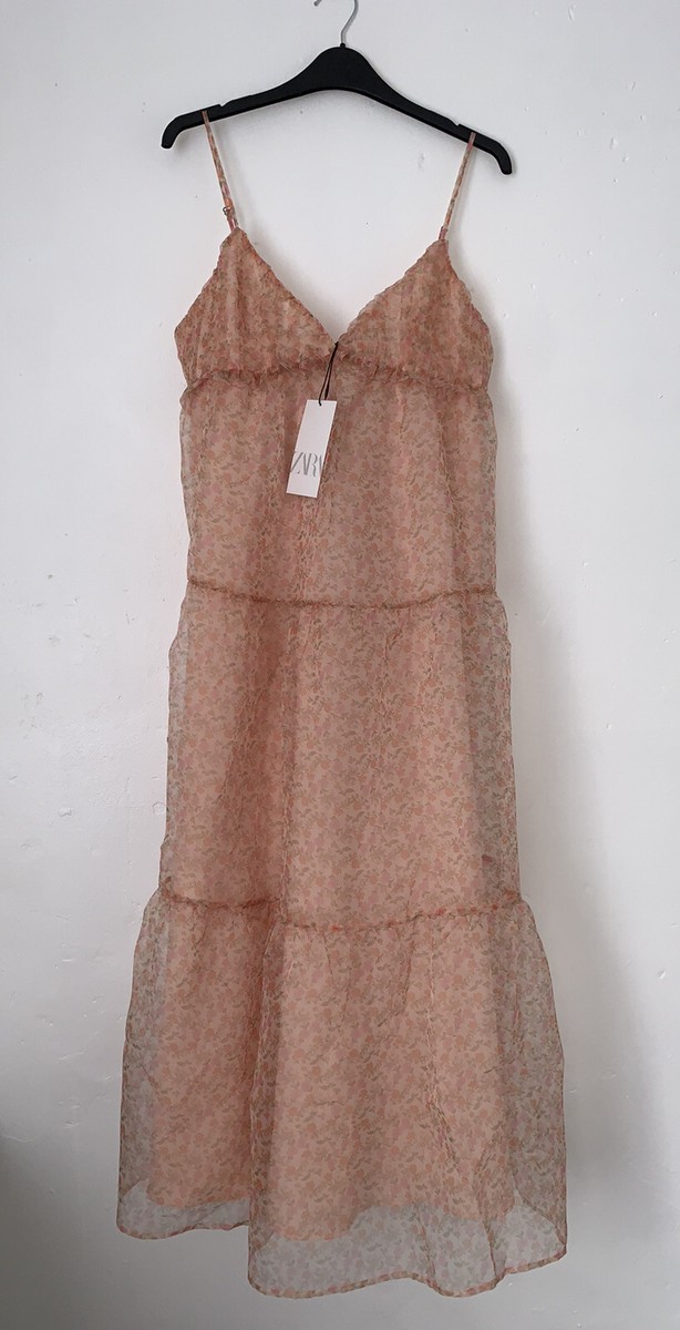 zara printed organza dress Zara Black Pink Green Organza floral print Size Medium