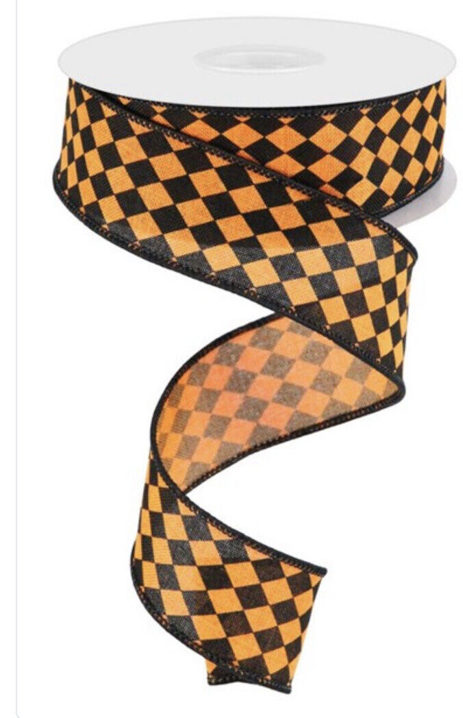 10 Yds -1 1/2” Wired Black & Orange Small Harlequin Check 10 Yds -1 1/2” Wired Black & Orange Small Harlequin Check