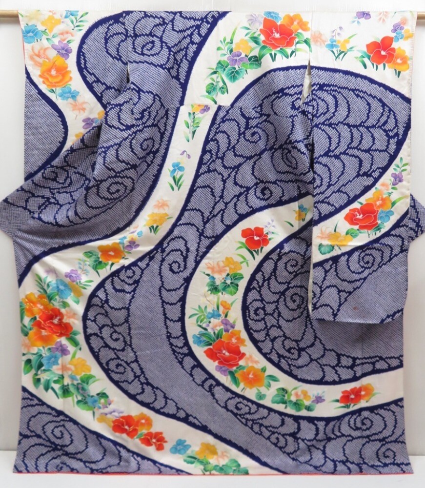 5003T14z1140 Vintage Japanese Kimono Silk FURISODE Flowers Dark