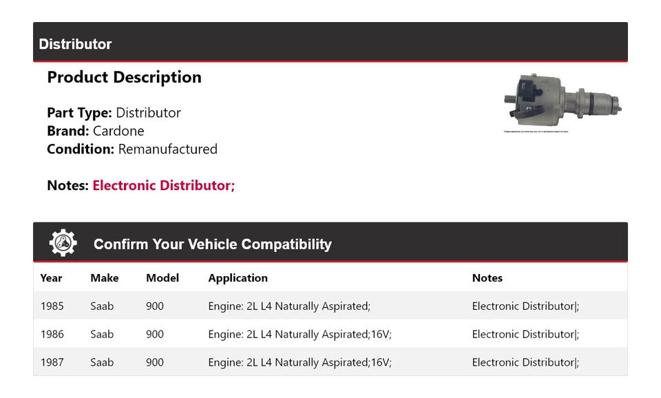 Для 1985-1987 Saab 900 2L L4 атмосферный дистрибьютор Cardone 1986 - Изображение 2 из 4