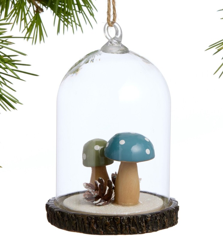 Mushroom & Pinecone Cloche Christmas Ornament World Market Winter Scene