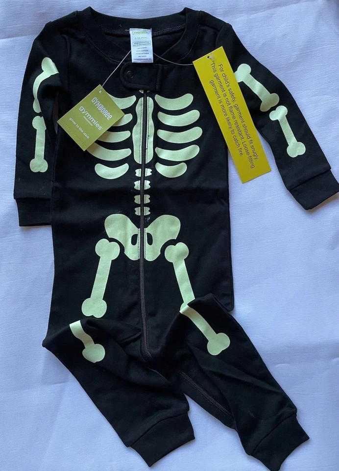 NUEVO Gymboree Bebé 6 9 12 ESQUELETO PIJAMAS Pijama Halloween Disfraz BRILLANTE Negro 1 pieza Foto 2 de 4