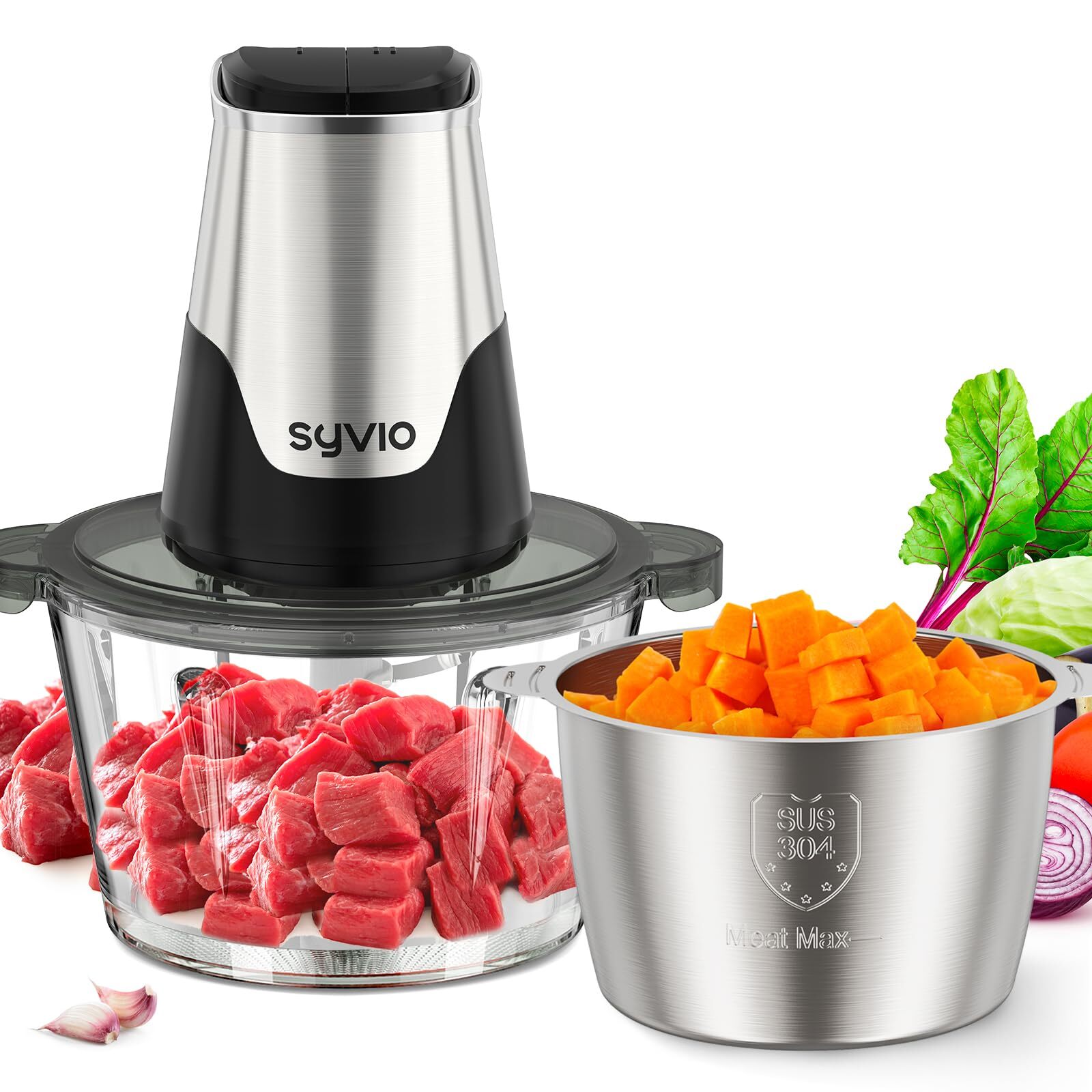 450W Food Processor with 2 Bowls 4 Blades 2 Speeds 8-Cup for
