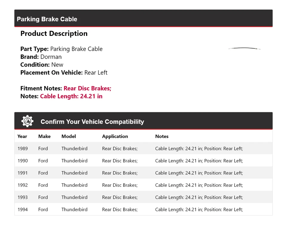 Cabo de freio de estacionamento traseiro esquerdo 1990 1991 Ford Thunderbird Dorman 1989-1994 - Imagem 2 de 4