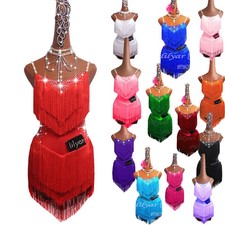 Latin Dance Dress Costumes Skirt Performing Rhinestones Adult Children Tassel