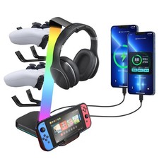 RGB Gaming Headphones Stand with 10 Light Modes, 4 Controller Holder with 1 U...