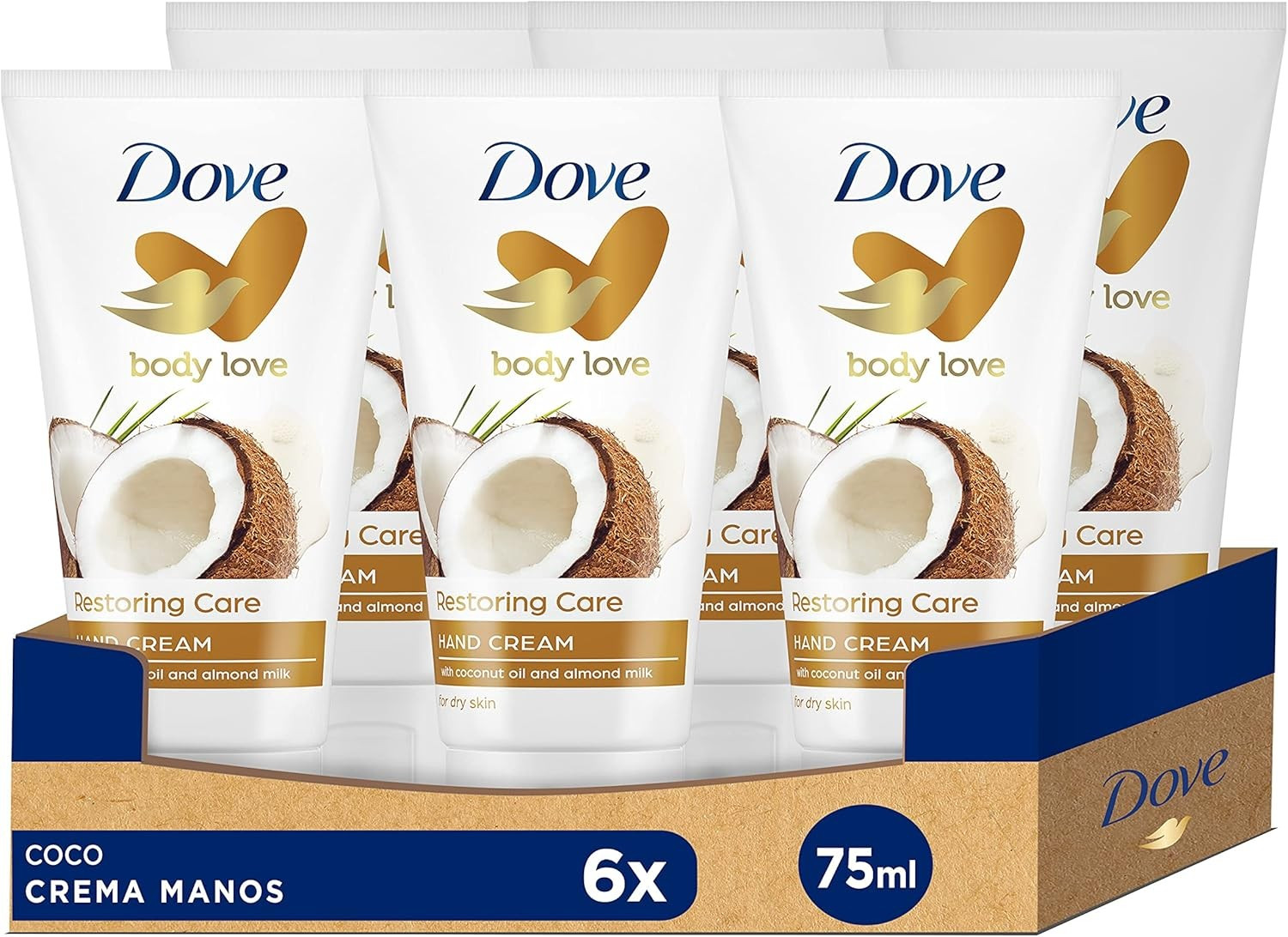 6 x 75ml Dove Body Love Restoring Care Hand Cream Coconut Oil & Almond Milk