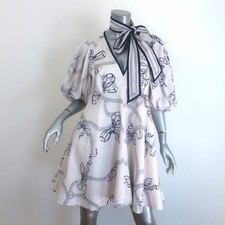 Zimmermann Day Tie-Neck Puff Sleeve Mini Dress White/Navy Bow Print Linen Size 3