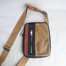 Lacoste Mens Small Flat Diagonal Crossbody Bag Brown Tan Black Silver Metal Zips