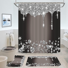 4 Pcs Glitter Diamond Shower Curtain Sets, Black Silver Shiny Drips Bath Decor w