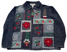 VTG UGLY Christmas Cottagecore Embroidered Beaded Zip Cardigan Beaded/2002/Y2K L