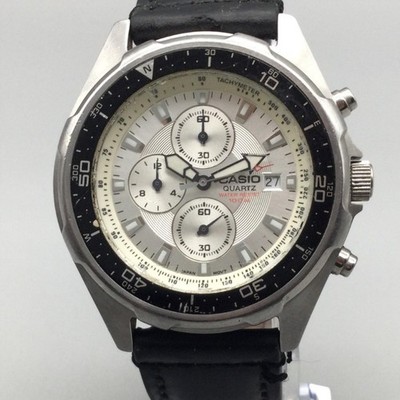 Casio 2328 AMW-330 Mens Watch 44mm Silver Tone Chronograph Black Leather Band