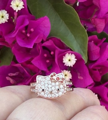 VTG Sanrio Rose Gold Double Band Crystal Hello Kitty Ring W Pink Rhinestone Bow